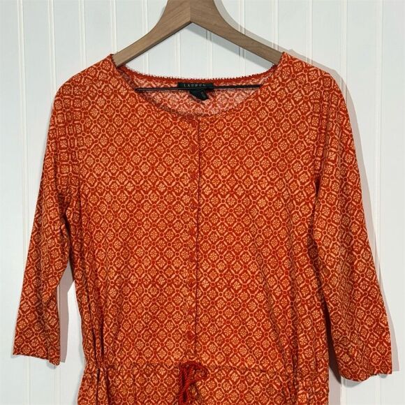 Lauren Ralph Lauren Red Boho Western Print Tunic Top L Drawstring Waist Cotton - Picture 2 of 8